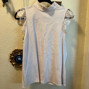 Express Cream Mock Neck Tank with Lace Cap Sleeves